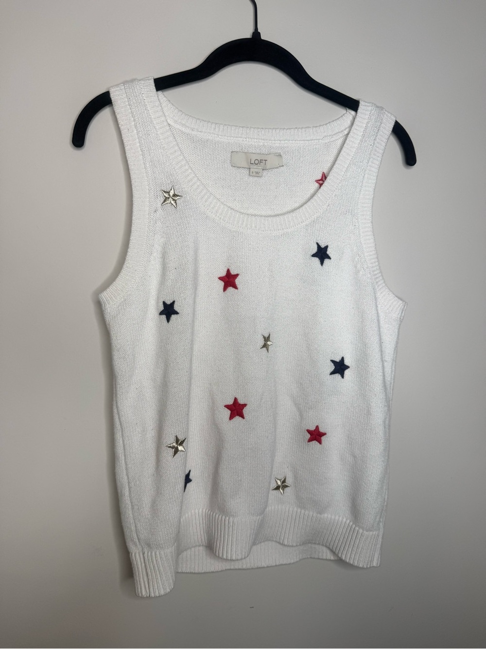 LOFT White Knit Tank with Red, Navy & Silver Star Accents